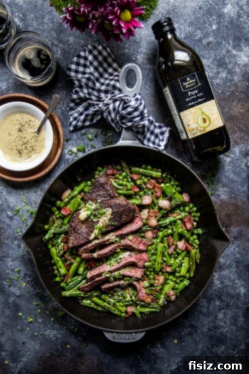 Coffee-Rubbed Steak and Bacon Skillet with Fresh Spring Vegetables 5 Close-up of One Skillet Coffee Rubbed Steak with Bacon