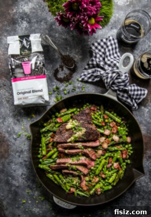 Coffee-Rubbed Steak and Bacon Skillet with Fresh Spring Vegetables 6 One Skillet Coffee Rubbed Steak with Bacon and Spring Vegetables ready to serve