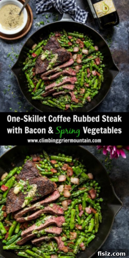 Coffee-Rubbed Steak and Bacon Skillet with Fresh Spring Vegetables 8 Final plated One Skillet Coffee Rubbed Steak with Bacon