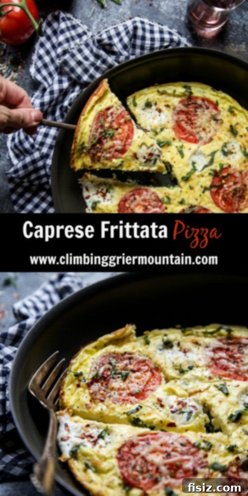 Margherita Frittata Bake 8 A wider shot of the Caprese Frittata Pizza in the skillet, perhaps with a serving utensil, emphasizing its readiness to be enjoyed and shared.