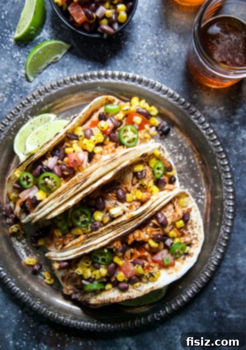 Tender Slow Cooker BBQ Chicken Tacos with Bright Texas Caviar 5 Ingredients for Slow Cooker BBQ Chicken and Texas Caviar