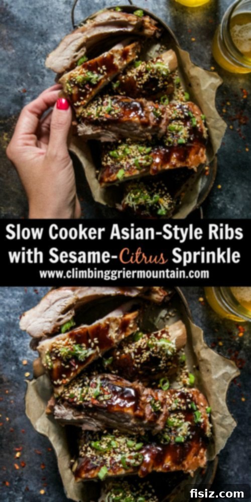 Fully garnished Slow Cooker Asian-Style Ribs on a serving platter