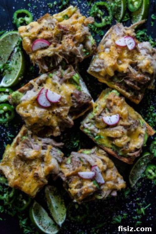 Zesty Pork & Avocado Toast Feast 7 Finished Salsa Verde Pulled Pork Avocado Toasts, garnished beautifully