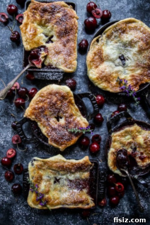 Rustic Cherry Lavender Skillet Pies 2 Two mini cherry and lavender skillet pies cooling on a wire rack, with cherries scattered around.