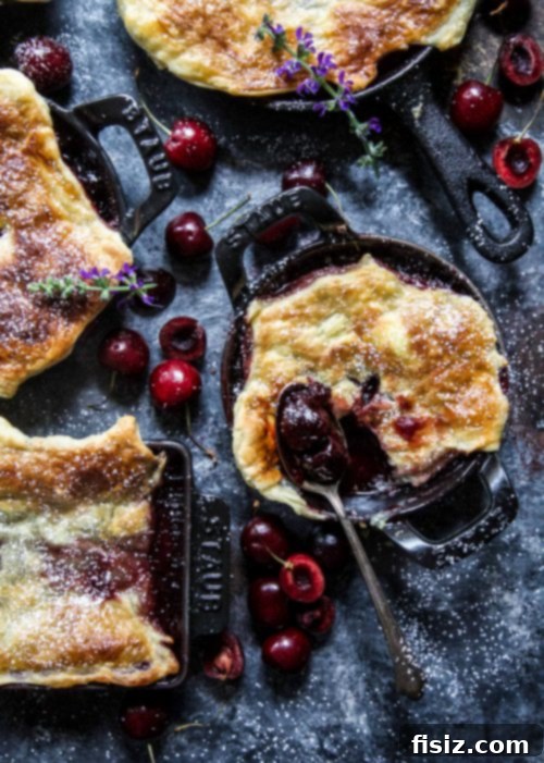 Rustic Cherry Lavender Skillet Pies 5 Several mini cherry and lavender skillet pies, freshly baked with golden crusts, ready to be served.