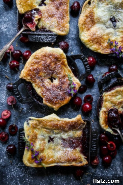 Rustic Cherry Lavender Skillet Pies 6 A close-up of a mini cherry and lavender skillet pie with a spoon taking out a scoop, revealing the cherry filling.