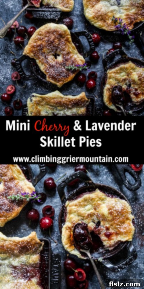 Rustic Cherry Lavender Skillet Pies 8 A top-down view of a Mini Cherry & Lavender Skillet Pie, showcasing the golden-brown puff pastry and caramelized edges.