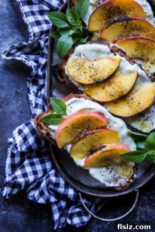 Sweet and Savory Grilled Peach Blue Cheese Toast 5 Artfully arranged grilled peach and whipped blue cheese toast