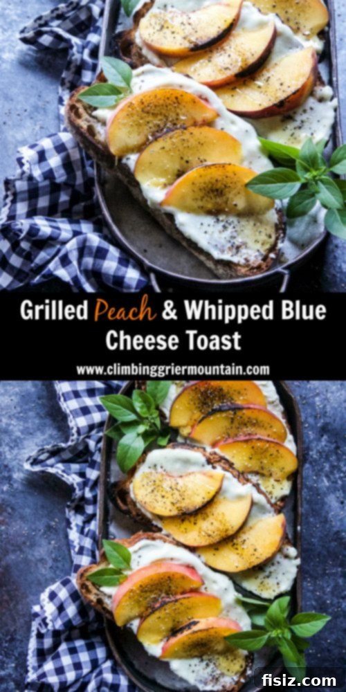 Sweet and Savory Grilled Peach Blue Cheese Toast 7 Finished grilled peach and whipped blue cheese toasts on a wooden board