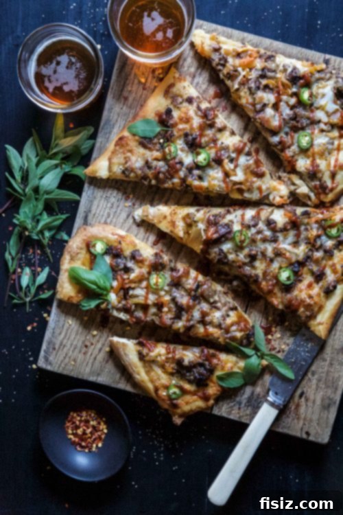 Slow Cooked Sriracha Beef Short Rib Kimchi White Pizza 6 Slice of Slow Cooker Sriracha Beef Short Rib & Kimchi White Pizza being served