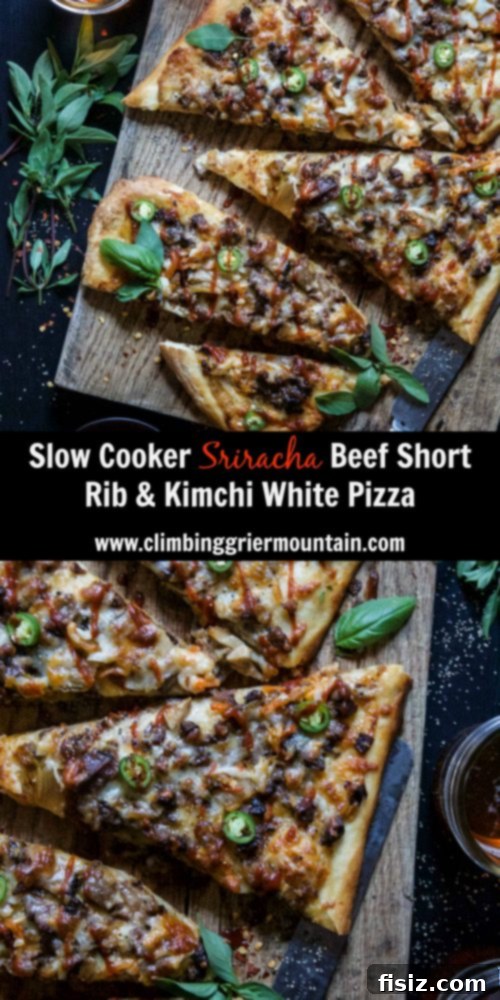 Slow Cooked Sriracha Beef Short Rib Kimchi White Pizza 8 Close-up of a finished Slow Cooker Sriracha Beef Short Rib & Kimchi White Pizza