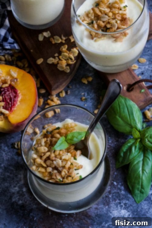 Peach Mousse with Crispy Basil Crumble 2 Light and creamy Peach Mousse dessert topped with a crispy basil crumble.