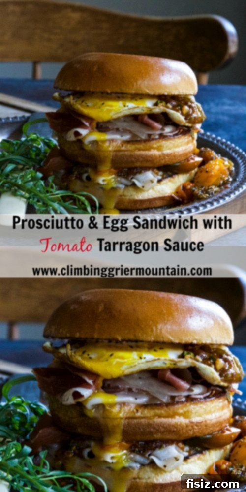 Gourmet Prosciutto Egg Sandwich with Tarragon Tomato 9 Close-up of the delicious Prosciutto and Egg Sandwich with a perfectly cooked runny egg