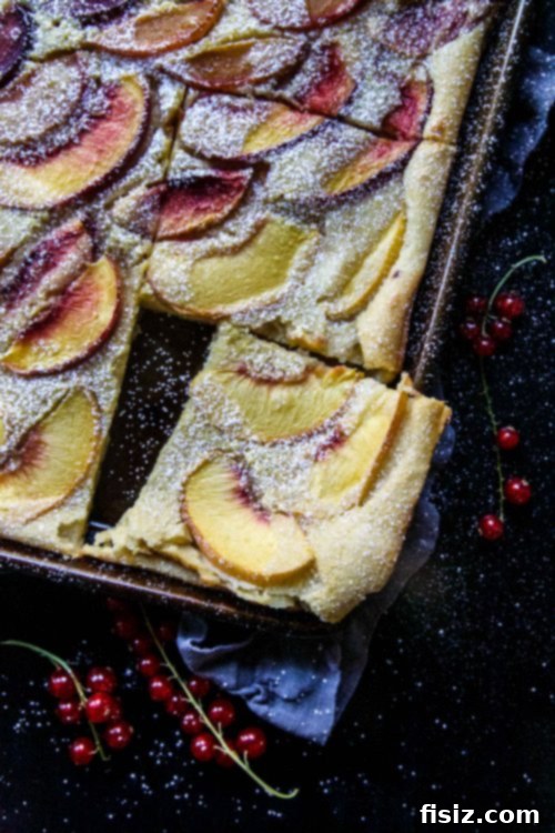 Honey-Kissed Stone Fruit Clafoutis 5 Overhead shot of Stone Fruit and Honey Clafoutis in a baking dish with some slices removed