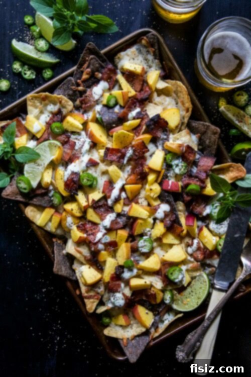 Crispy Bacon and Juicy Peach Sheet Pan Nachos with Zesty Basil-Lime Aioli 2 Crispy Sheet Pan Bacon and Peach Nachos with melted mozzarella