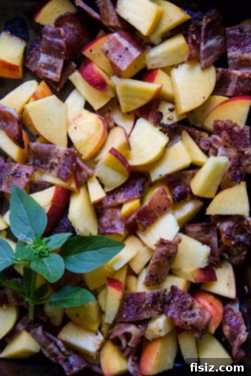 Crispy Bacon and Juicy Peach Sheet Pan Nachos with Zesty Basil-Lime Aioli 4 Close-up of Sheet Pan Bacon and Peach Nachos with basil-lime aioli drizzle