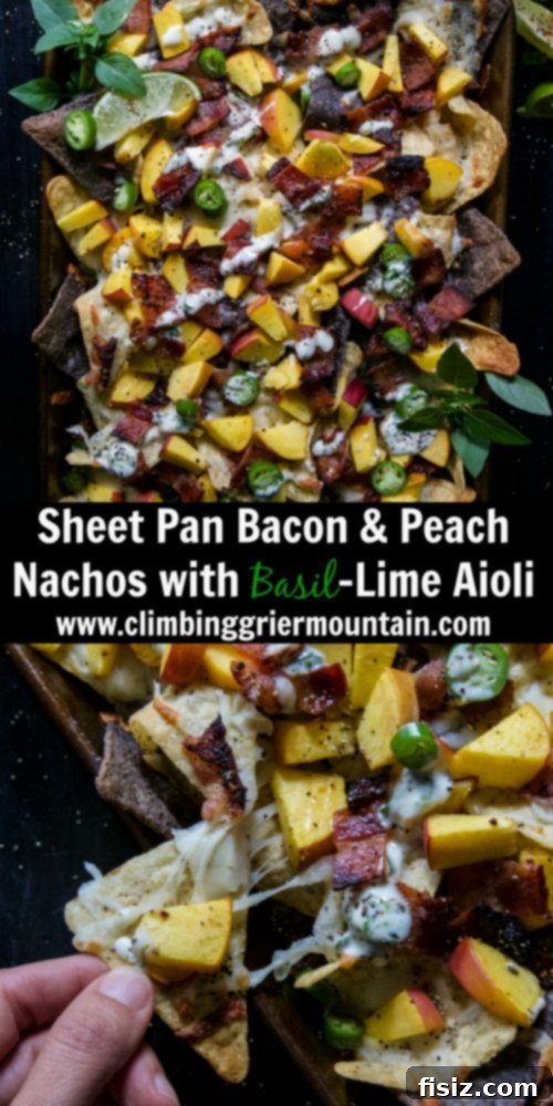 Crispy Bacon and Juicy Peach Sheet Pan Nachos with Zesty Basil-Lime Aioli 7 Overhead shot of freshly baked Sheet Pan Bacon and Peach Nachos on a baking sheet