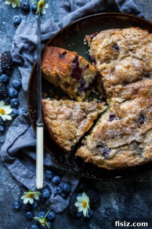 Cardamom Kissed Berry Tahini Cake 6 A slice of Blueberry and Blackberry Tahini Cake garnished with powdered sugar