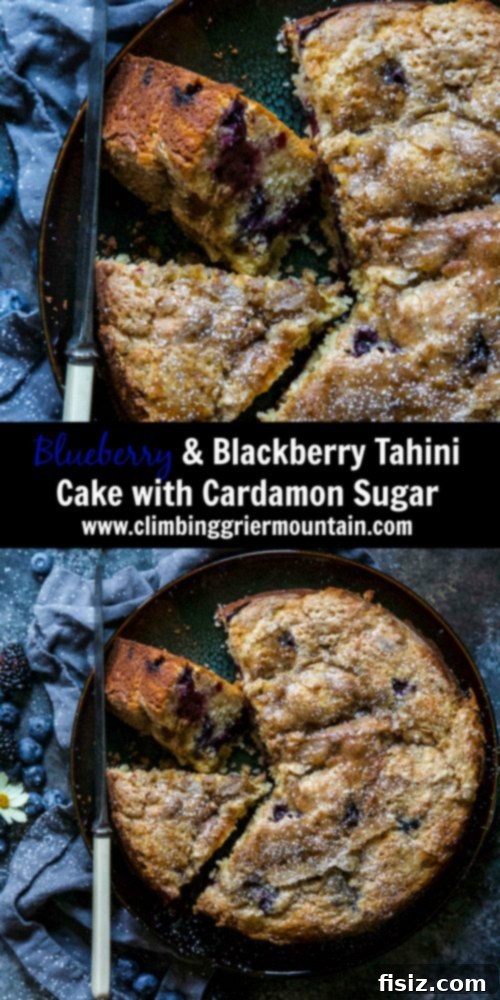 Cardamom Kissed Berry Tahini Cake 8 A tall, generous slice of Blueberry and Blackberry Tahini Cake