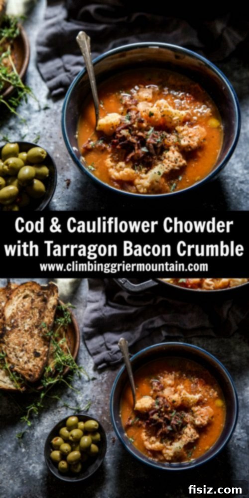 Cod and Cauliflower Chowder with Tarragon Bacon Crumble 7 Overhead shot of Cod & Cauliflower Chowder