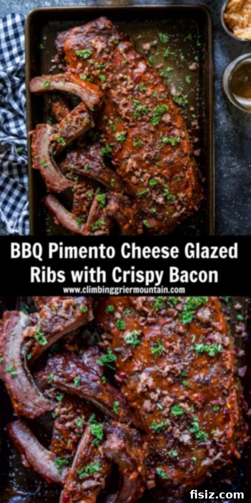 Bacon-Topped Pimento Cheese Glazed BBQ Ribs 8 Overhead shot of BBQ Pimento Cheese Glazed Ribs with Crispy Bacon on a wooden board