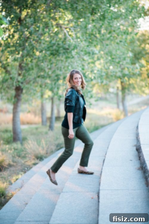 prAna 2017 Fall Line Style Guide 10 Full shot of woman in prAna Kara Jeans, styled for an evening look with a leather jacket.