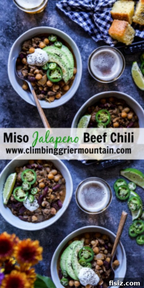 Robust Miso Jalapeno Beef Chili 8 Miso Jalapeno Beef Chili in a bowl with toppings
