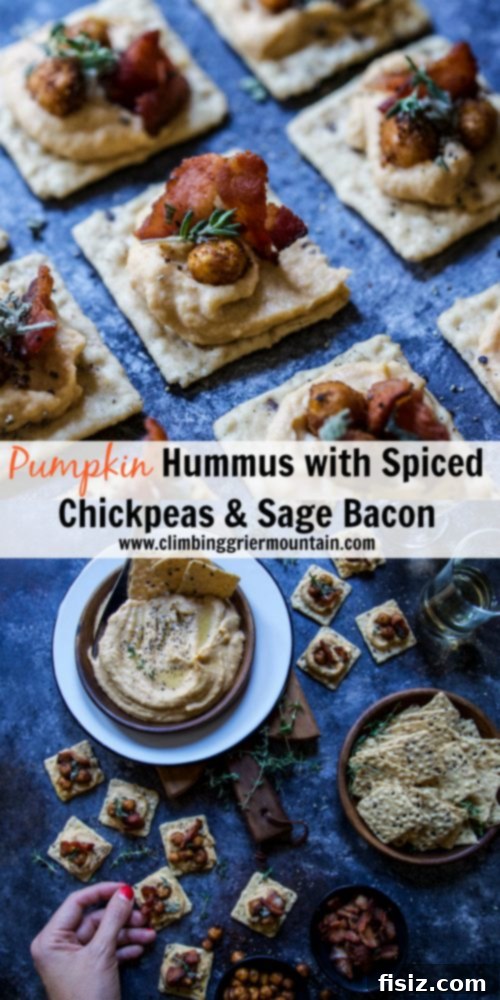 Autumn Pumpkin Hummus with Crispy Spiced Chickpeas and Smoky Sage Bacon 8 A beautifully composed shot of a serving of Pumpkin Hummus with Spiced Chickpeas and Sage Bacon on a cracker, artfully arranged on a wooden board with extra toppings.