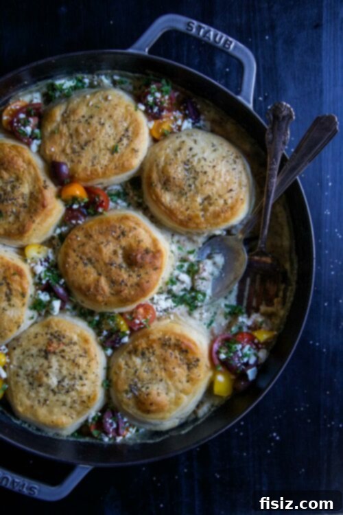 One-Pot Greek Biscuits and Gravy Cobbler 2 One-Pot Greek Biscuits and Gravy Cobbler, a hearty and delicious dish from Modern Comfort Cooking cookbook, perfect for breakfast or brunch.