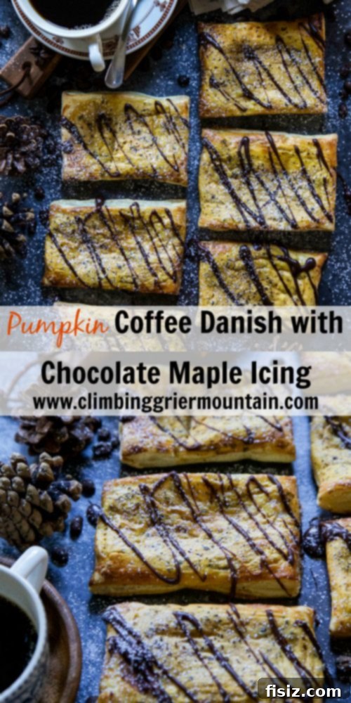 Maple Chocolate Glazed Pumpkin Coffee Danish 7 A rustic wooden tray filled with an abundant selection of freshly baked Pumpkin Coffee Danishes, each perfectly iced, signaling they are ready to be shared and enjoyed.