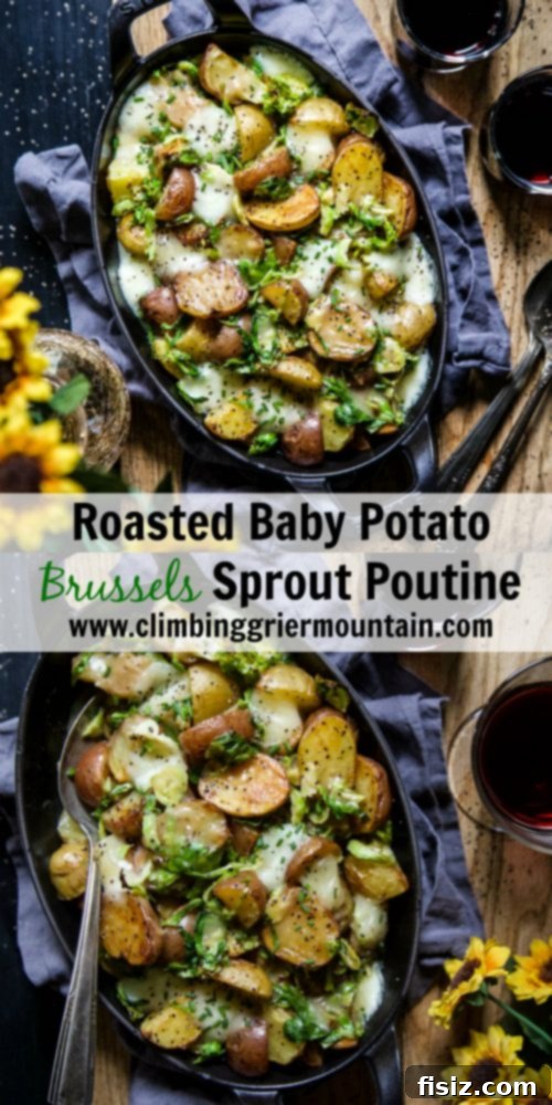 Golden Spud & Sprout Poutine 7 Final plated serving of Roasted Baby Potato Brussels Sprout Poutine, garnished with fresh chives, ready to be enjoyed.