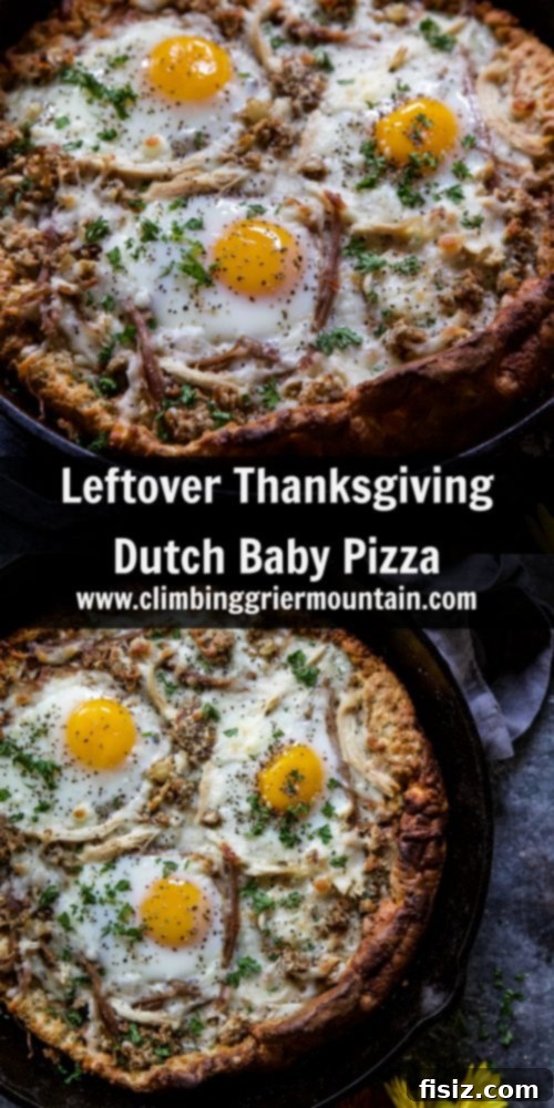 Post-Thanksgiving Dutch Baby Pizza 6 Full view of the Leftover Thanksgiving Dutch Baby Pizza, ready to serve, showing crispy edges and rich toppings