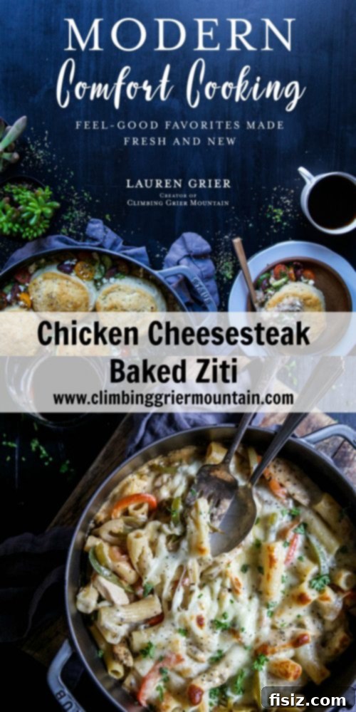 Unveiling Our Chicken Cheesesteak Ziti Cookbook 4 Close-up of baked ziti with melted provolone cheese and fresh parsley