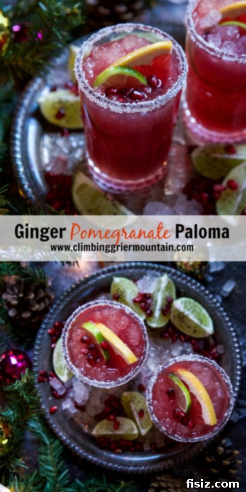 Crimson Ginger Paloma 7 Close-up of a Ginger Pomegranate Paloma cocktail, showing off the beautiful colors and garnishes