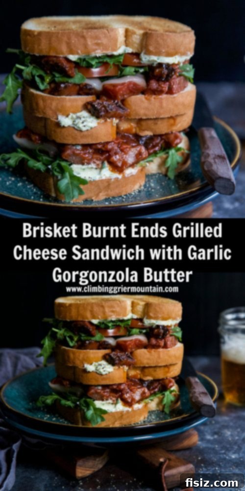 Stack of Brisket Burnt Ends Grilled Cheese Sandwiches on a cutting board