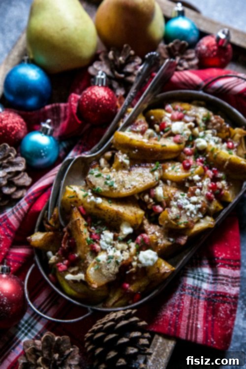 Sauteed Pears with Bacon and Blue Cheese Giveaway 5 Sauteed Pears with Bacon and Blue Cheese artfully arranged in a serving bowl, garnished with chives and pomegranate