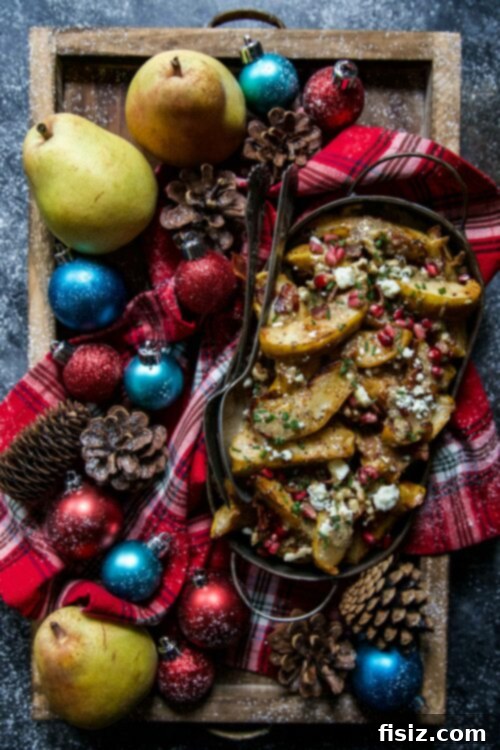 Sauteed Pears with Bacon and Blue Cheese Giveaway 6 Plated Sauteed Pears with Bacon and Blue Cheese on a rustic board, ready to be served