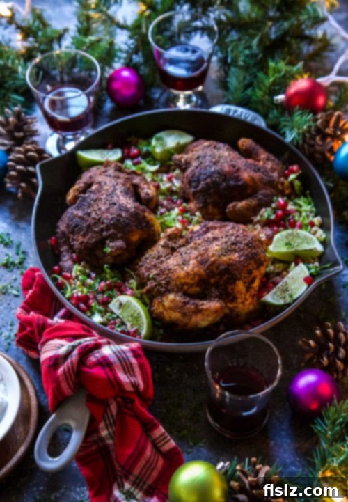Jeweled Persian Roasted Cornish Hens 5 Finished Persian-Style Baked Cornish Hens served with farro and pomegranate arils.