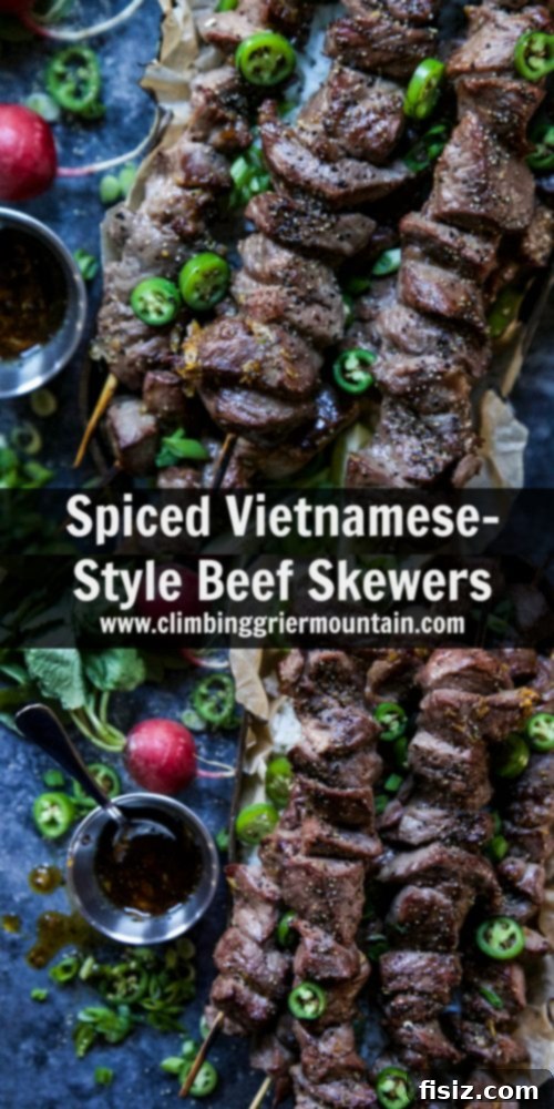 Lemongrass Vietnamese Beef Skewers 7 Beautifully plated Spiced Vietnamese-Style Beef Skewers with garnishes, ready to be served.
