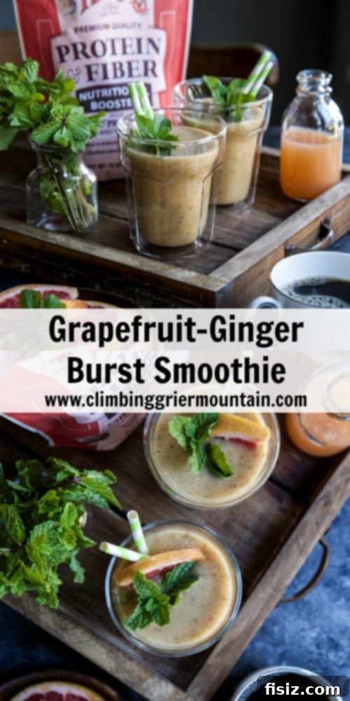 Zesty Citrus Ginger Smoothie 8 Two glasses of Grapefruit-Ginger Burst Smoothie, garnished with fresh mint and grapefruit slices, ready to be enjoyed as a healthy and refreshing drink.