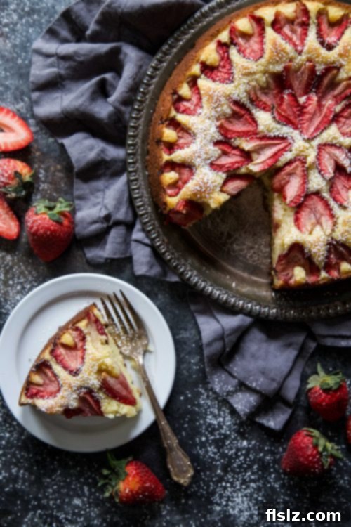 Jammy Strawberry Ricotta Cloud Cake 6 Full Roasted Strawberry Ricotta Cake with a dusting of confectioners sugar