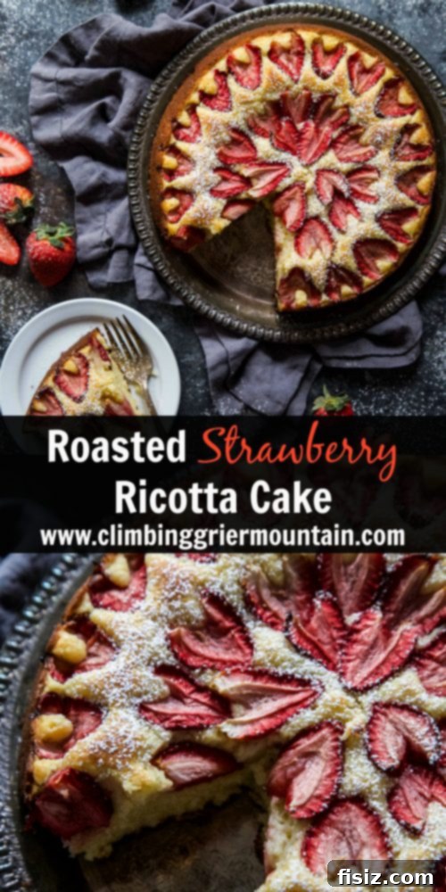 Jammy Strawberry Ricotta Cloud Cake 8 Top-down view of a freshly baked Roasted Strawberry Ricotta Cake