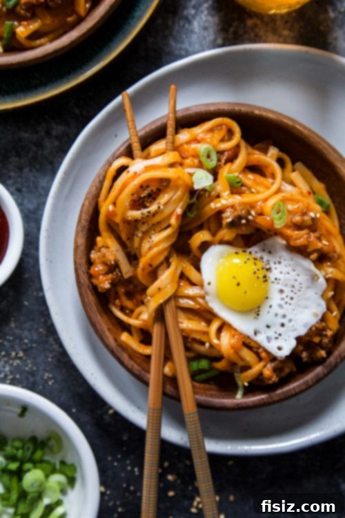 Umami Pork Kimchi Udon 4 Close-up of Pork & Kimchi Udon Noodles ready to eat