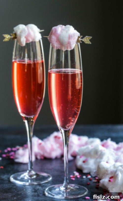 Pink Fizz with Champagne Cotton Candy Cloud 2 Sparkling Pink Limeade with Champagne Cotton Candy in a flute glass.