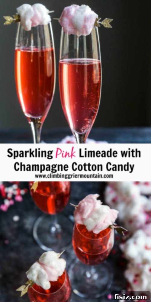 Pink Fizz with Champagne Cotton Candy Cloud 7 Final Sparkling Pink Limeade cocktail with champagne cotton candy.