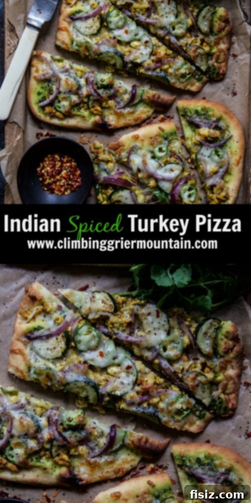 Masala Turkey Pizza 8 Close-up of a perfectly baked Indian Spiced Turkey Pizza, ready to serve.