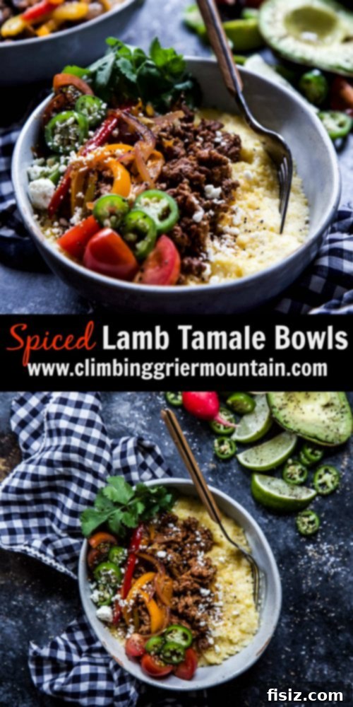 Hearty Spiced Lamb Tamale Bowls 8 Overhead shot of two Spiced Lamb Tamale Bowls garnished with fresh ingredients