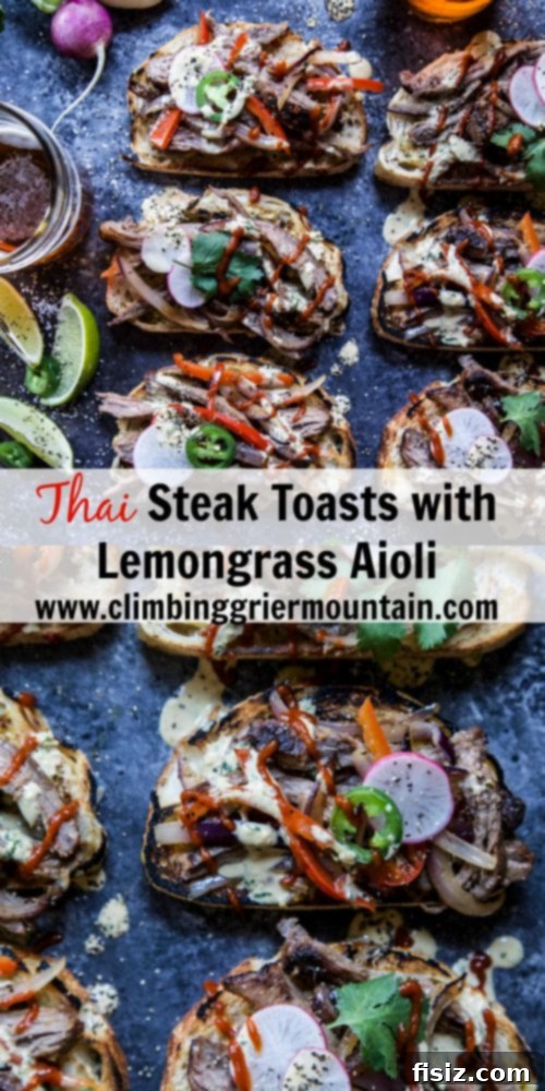 Thai Steak Bites with Zesty Lemongrass Aioli 8 A vibrant, close-up overhead shot of multiple Thai Steak Toasts, emphasizing the freshness of the ingredients.