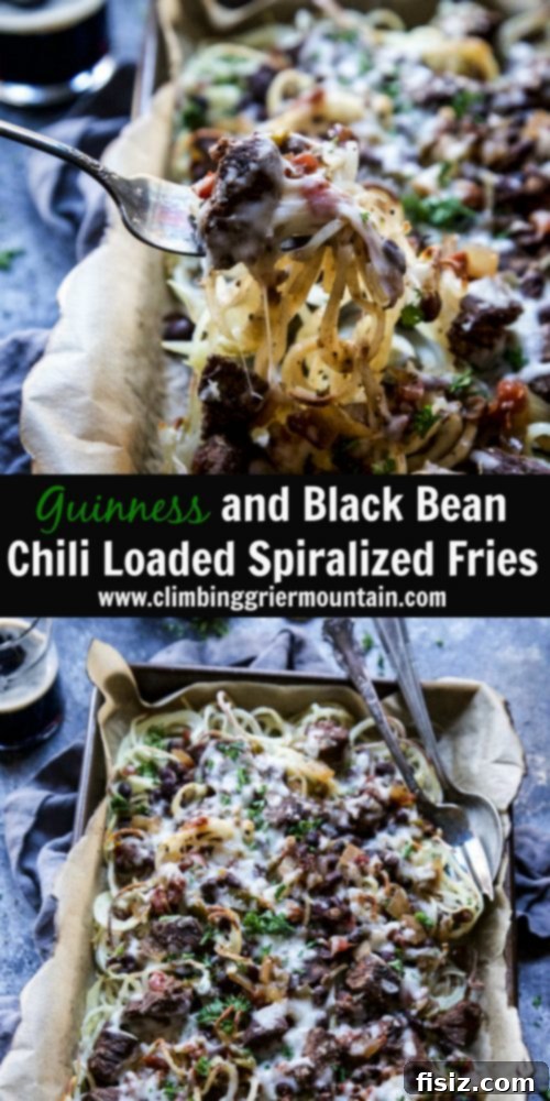 Guinness and Black Bean Chili Fries 8 Overhead view of a beautiful spread featuring Guinness and Black Bean Chili Loaded Spiralized Fries, garnished and ready to be served at a party