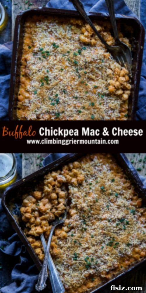 Vegan Buffalo Chickpea Mac 8 A final overhead shot of the Buffalo Chickpea Mac & Cheese in the baking dish, garnished with chives, inviting viewers to dig in.